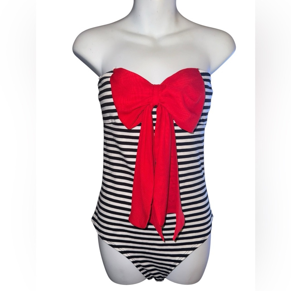 Celine by Champion Striped Black and White  Bodysuit with Red Bow